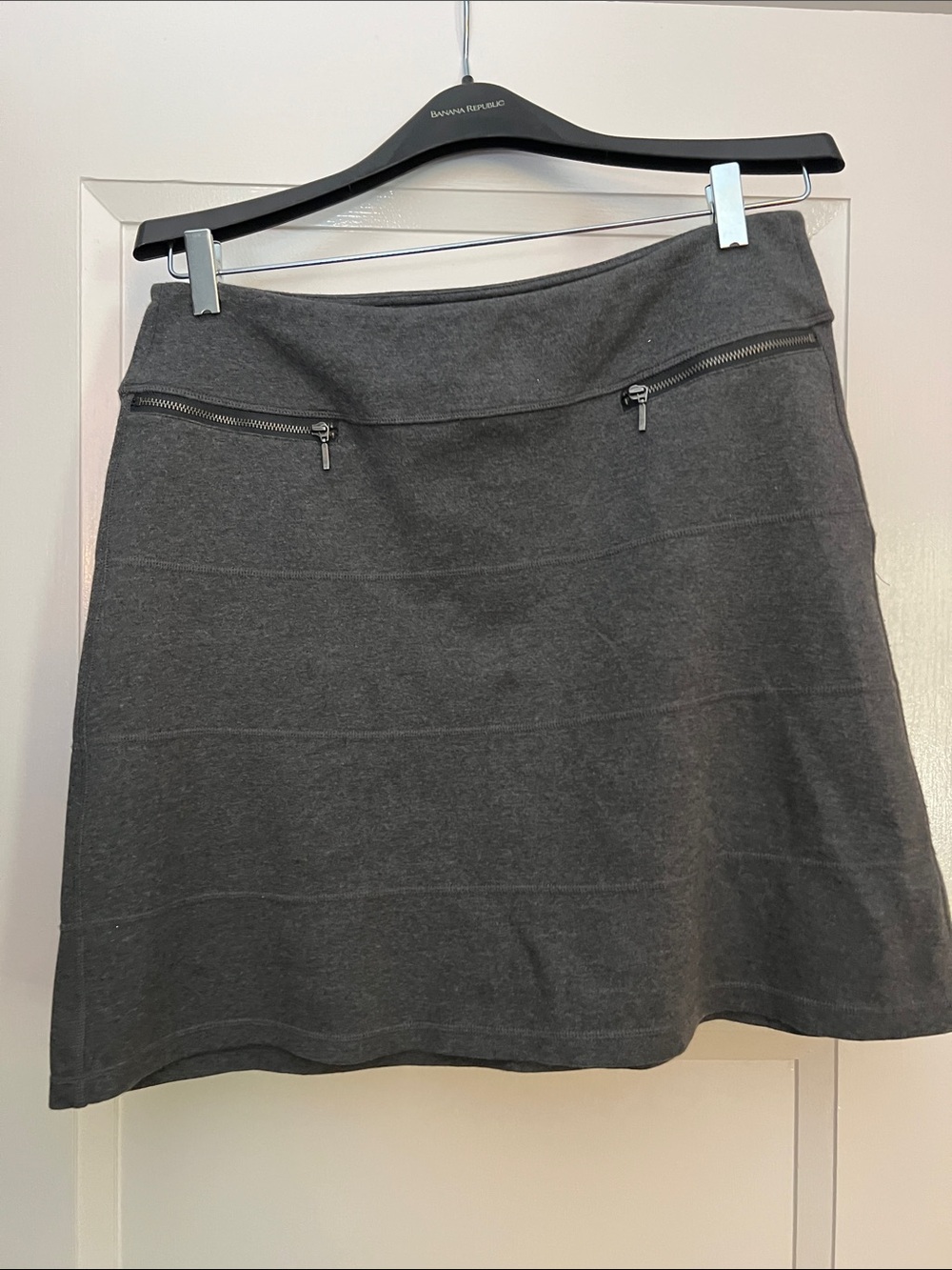 Athleta Charcoal Gray Knit A-Line Mini Skirt with Zip Pockets